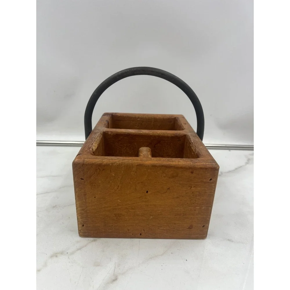 Vintage Rustic Wooden Caddy 3 Compartment Organizer with Metal Handle Farmhouse